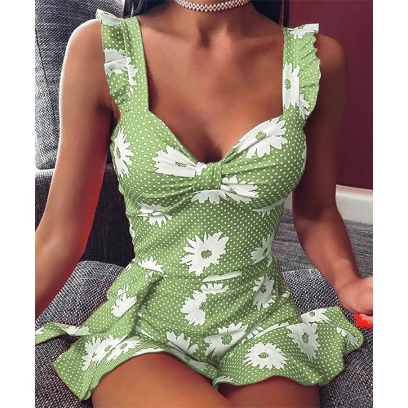 Breezy Sleeveless Dress with Vibrant Floral Print and Elegant V-Neck ﻿