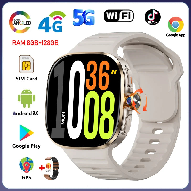 5G/4G Full Network Smart Watch 2.40 inch Big Screen HD Video Call 8GB+128GB RAM 2100mAh Google Play WIFI GPS Sim Card