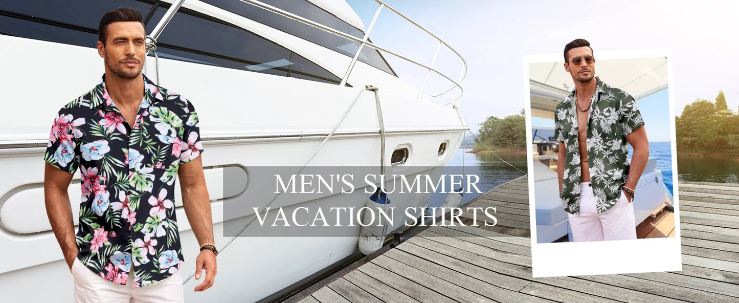 Men's Summer Patchwork Printed Button  Sleeve Shirt Tropical Vacation