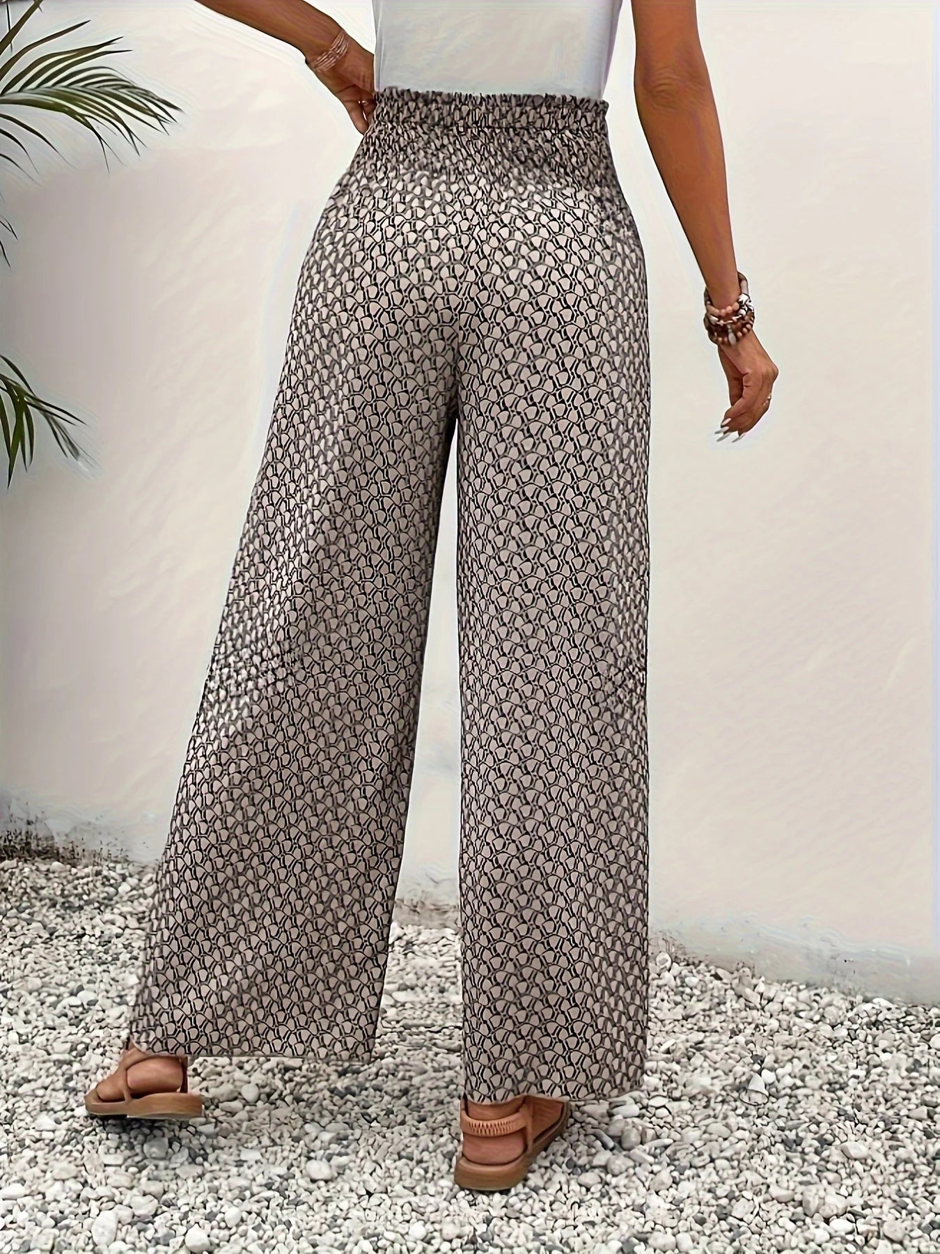 Spring Summer Women Elegant Wide Legs Pants Casual Vacation Beach Print Trousers