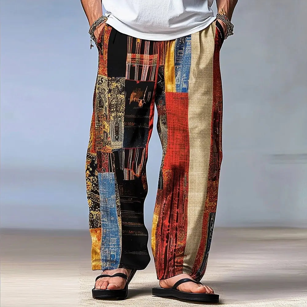 Block Patchwork  Trousers Mid Waist Drawstring Elastic Waist Straight Leg Trousers