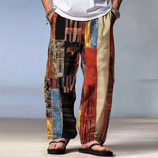 Block Patchwork  Trousers Mid Waist Drawstring Elastic Waist Straight Leg Trousers