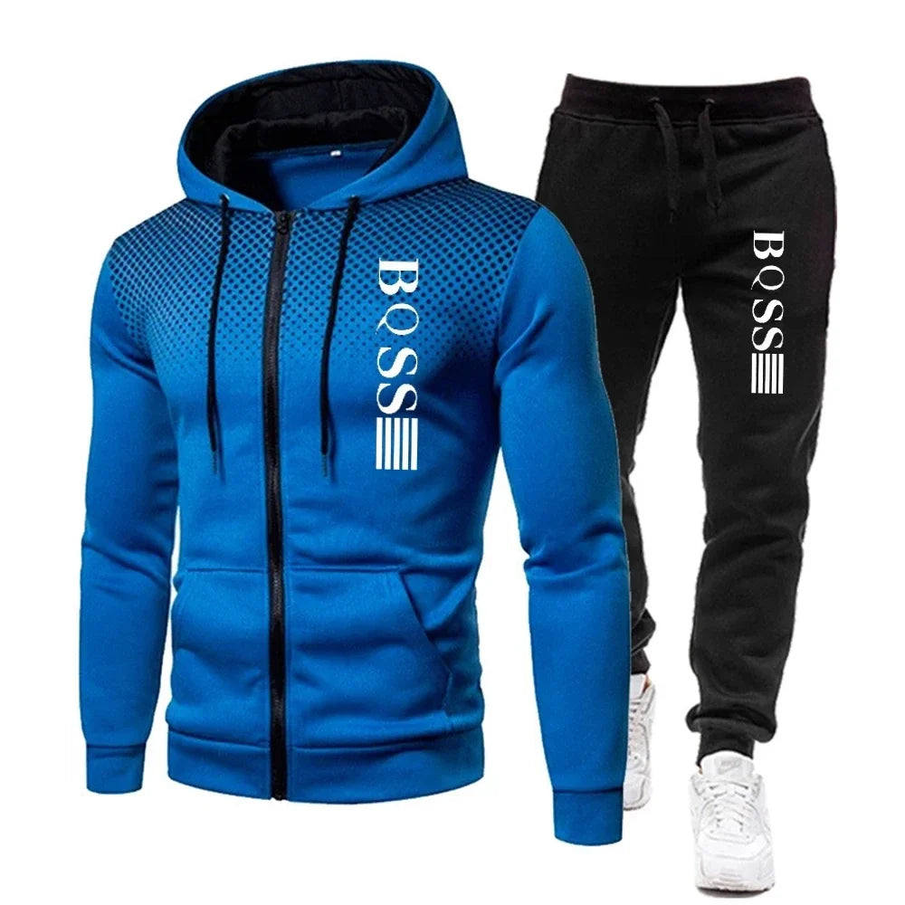Fashion Print Tracksuit for Men Zipper Hooded Sweatshirt and Sweatpants Two Pieces Suits