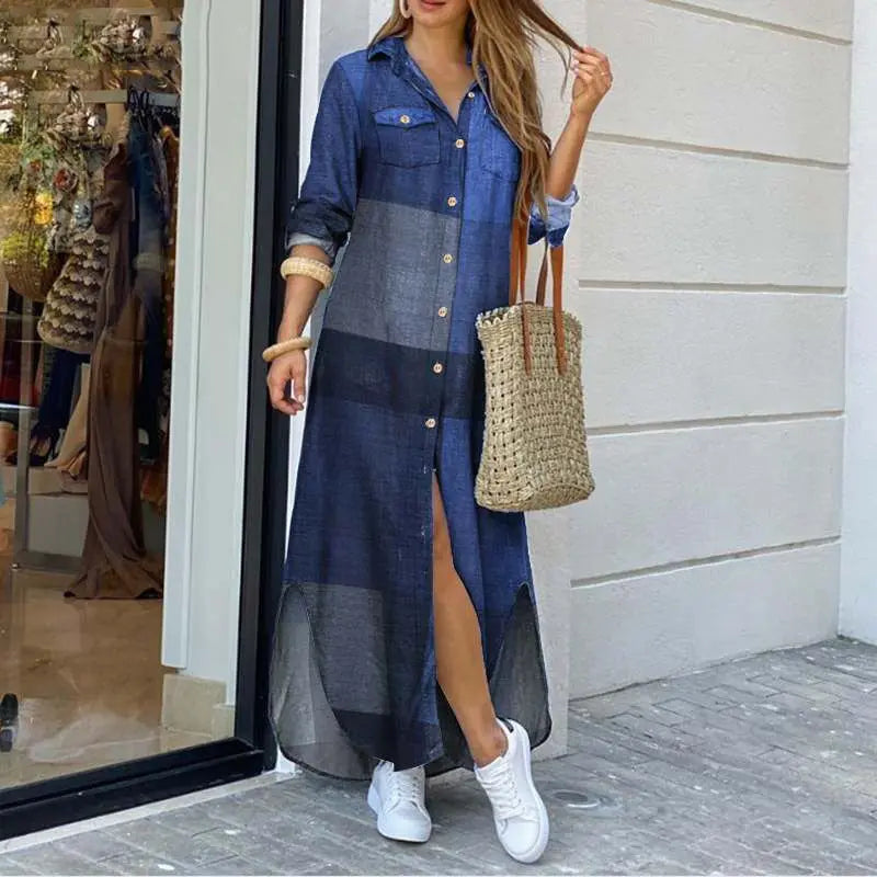 Long Sleeve  Pocket Button Print Shirts Dress
