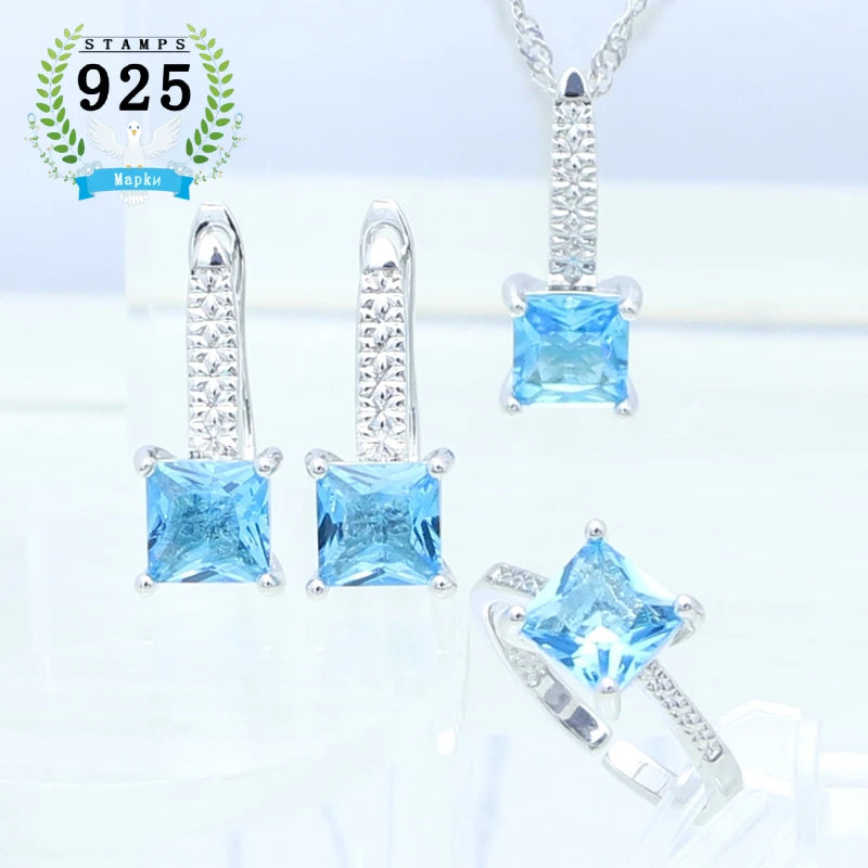 Sterling Silver Jewelry 3Set for Women Square Emerald Open Ring Earrings Pendant Necklace Free Gift Box