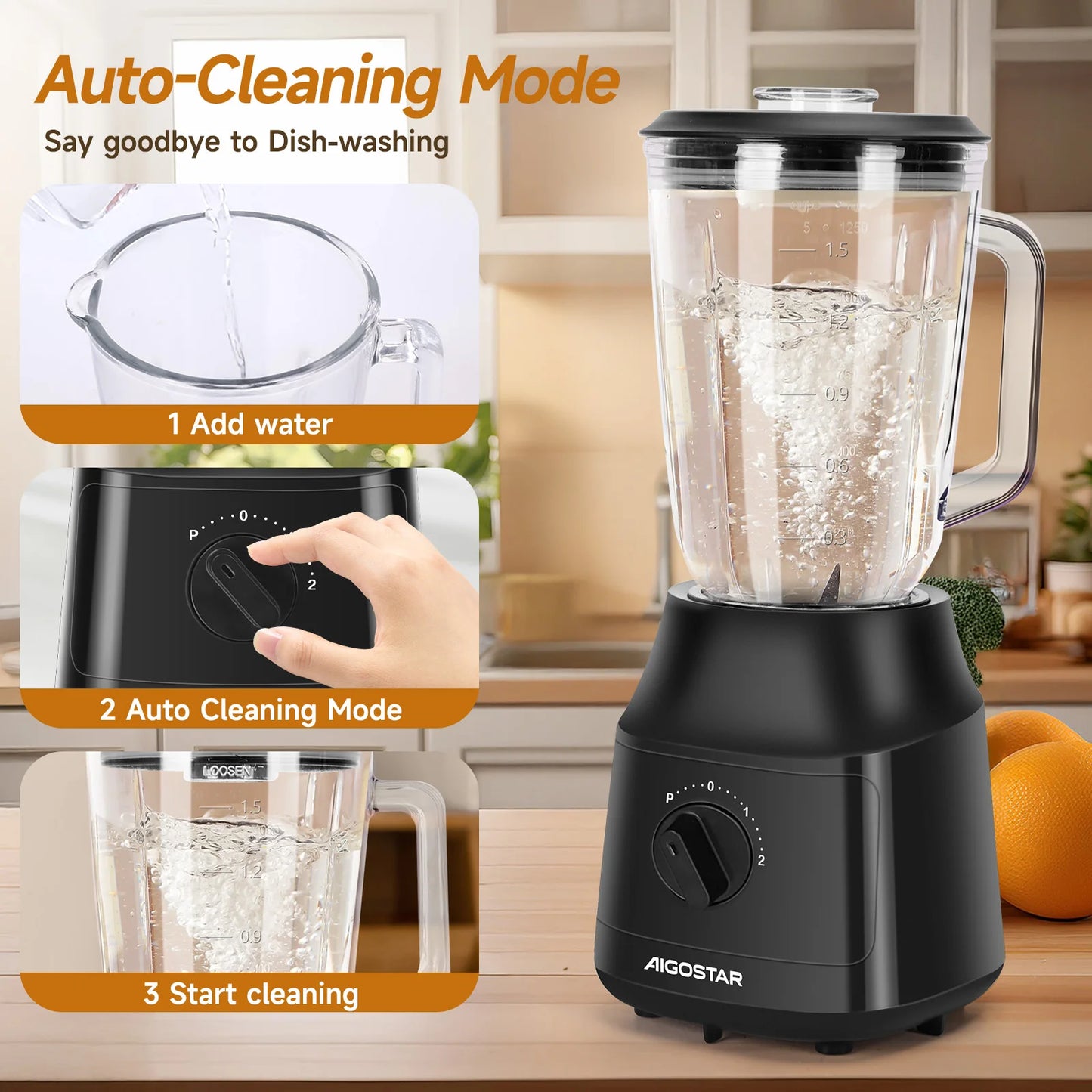 600W, 1.5L, 4-Blade Blender with Titanium Coating, 2 Speeds and Pulse, Ice Crusher, Autoclean Function
