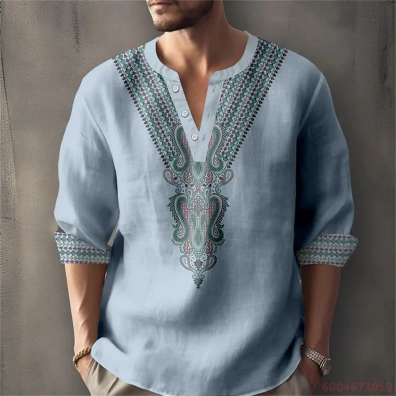 Long sleeved shirt for summer vacation, a color-blocked geometric print and Henley collar