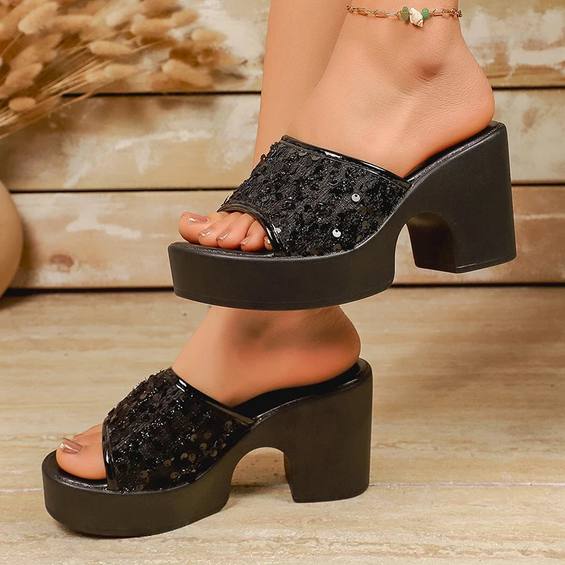 Shiny Sequin Chunky Platform Sandals Women Summer Black High Heels Mule Slippers Plus Size 43