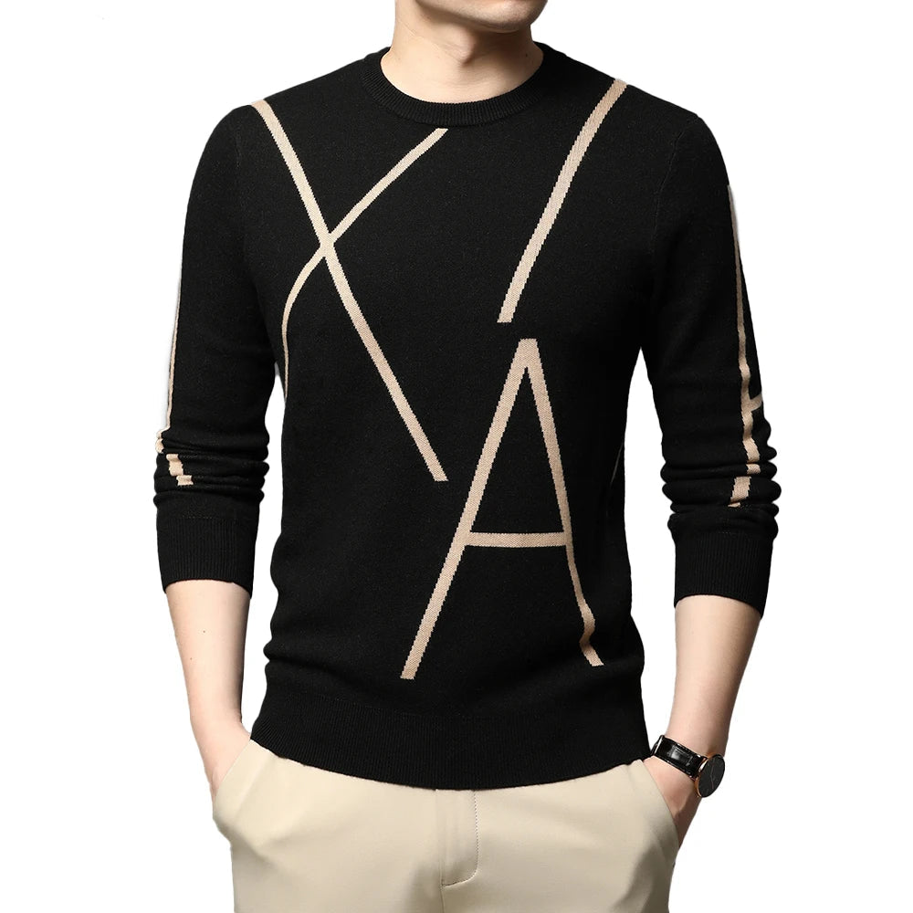 Fashion Brand Knit High Designer Winter Wool Pullover Black Sweater For Man