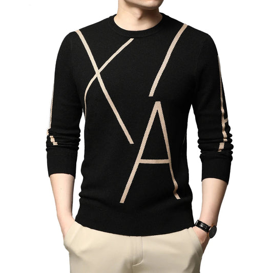 Fashion Brand Knit High Designer Winter Wool Pullover Black Sweater For Man