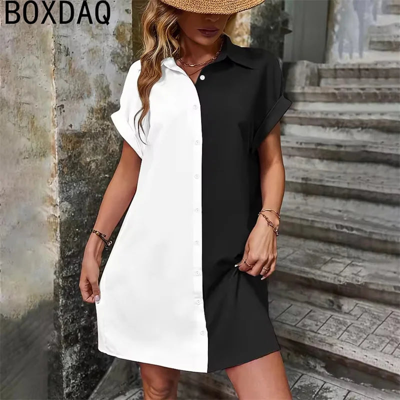 Two Tone Spliced Shirt for Summer Evening  Casual Dress