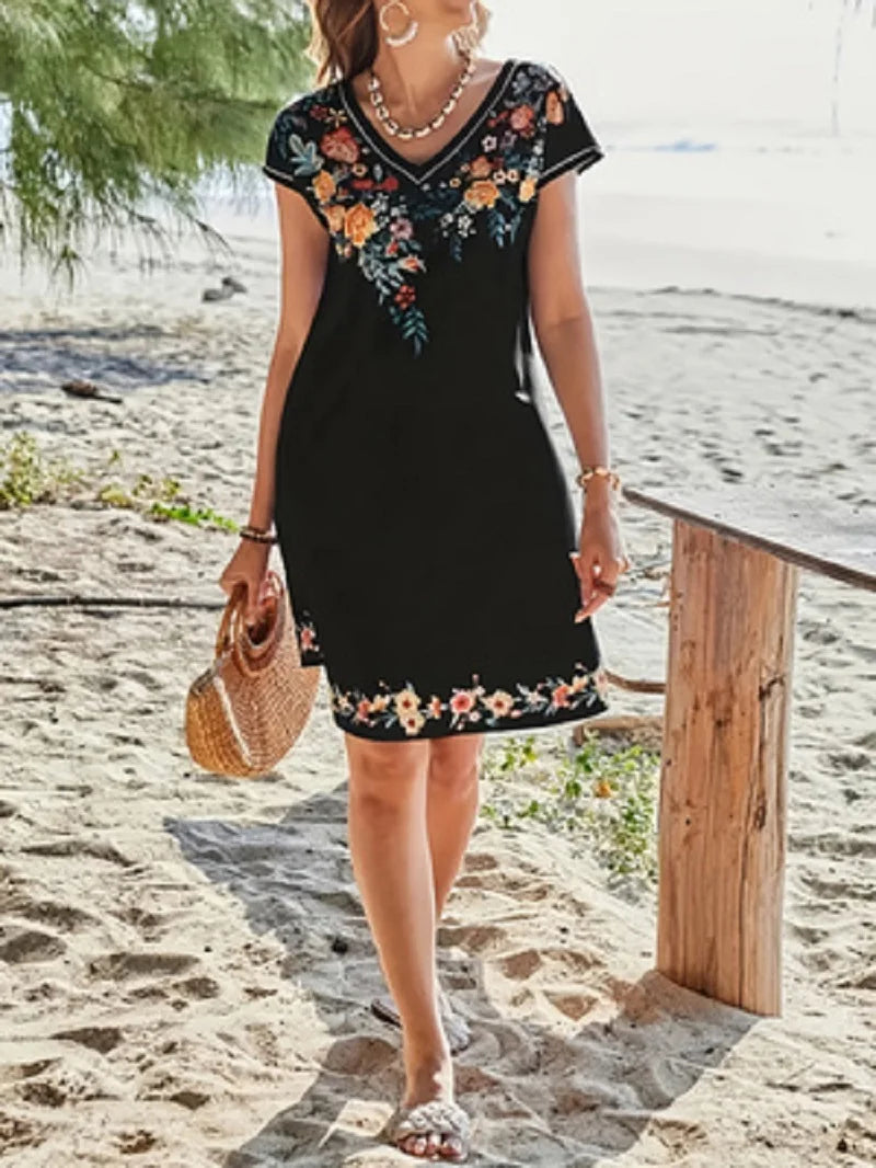 Bohemian Floral Print V-neck Slimming Short-sleeved Straight Dress