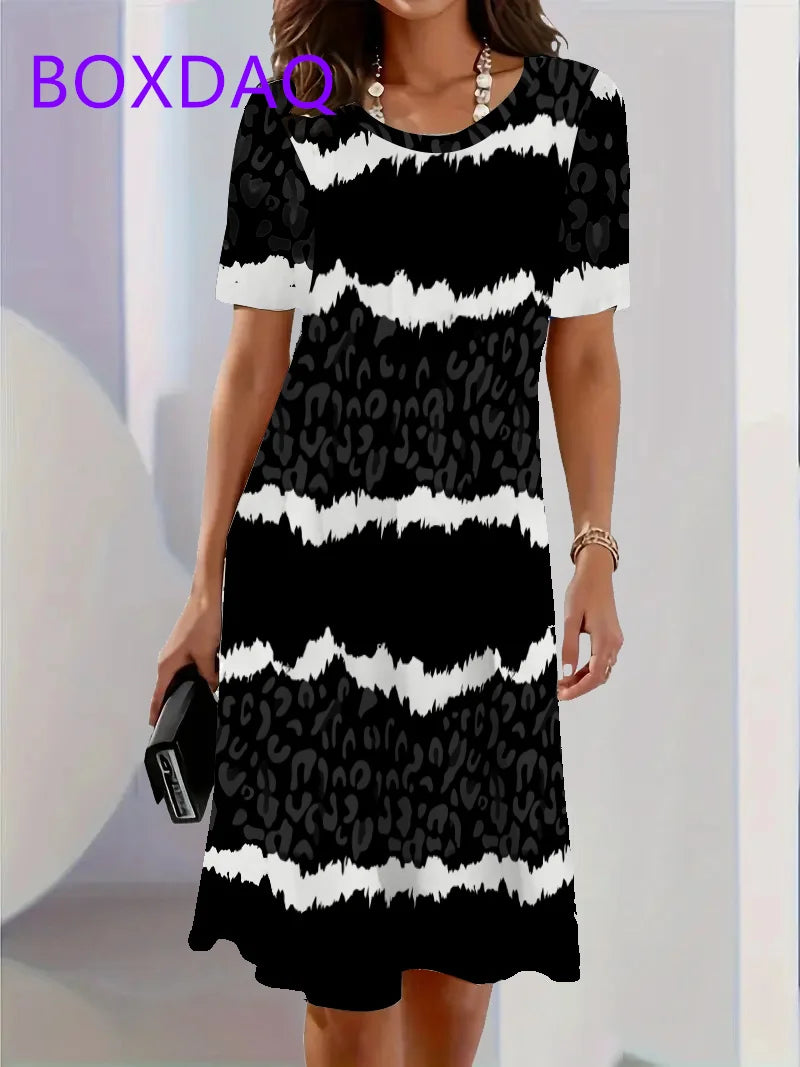 Geometric Stripe Printed Short Sleeve O-Neck Dress