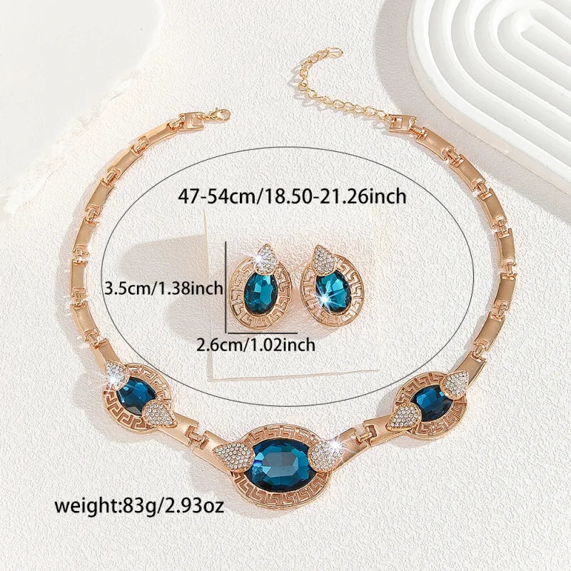 Elegant Blue Crystal Gold-plated Necklace and Earrings Suite