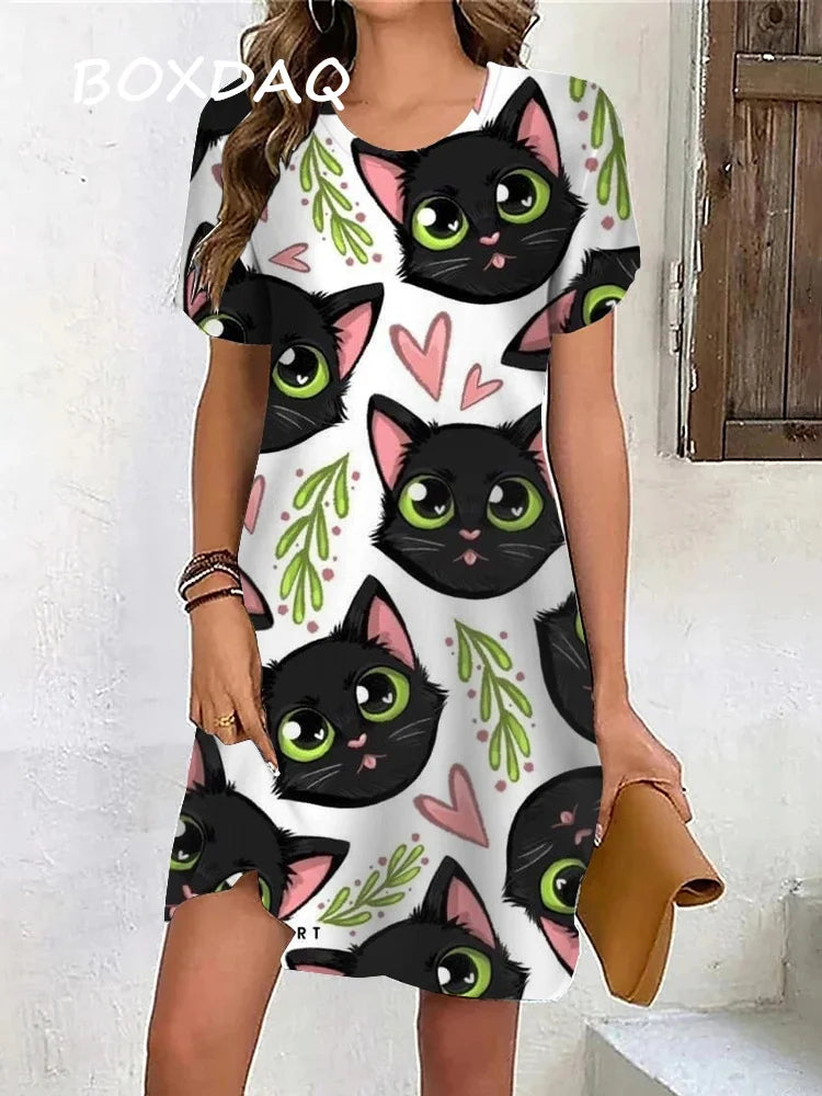 Summer women's short sleeve dress Print Loose Beach Dress