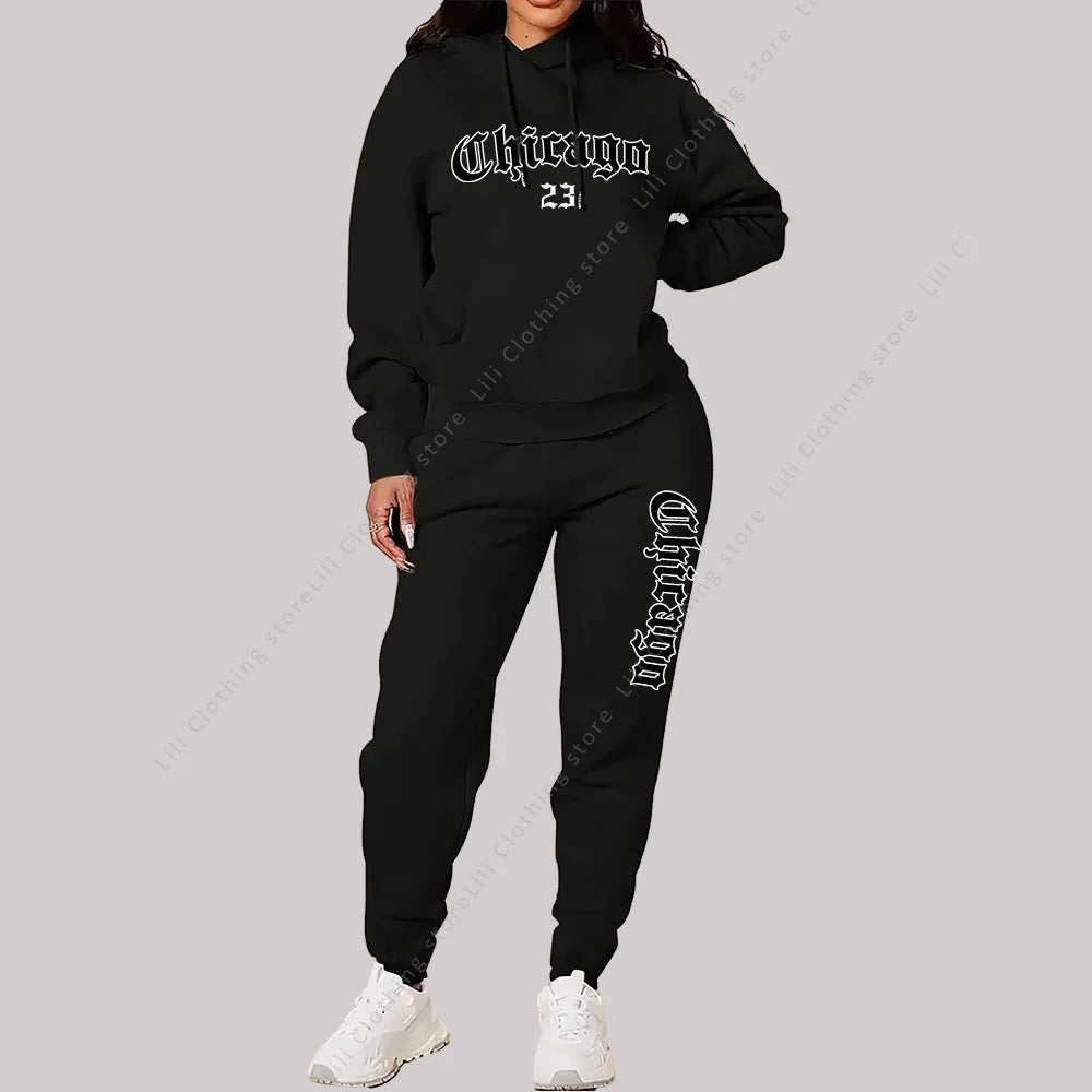 Women's Sets Hoodies Pants 2 Piece Outfits Chicago Graphic Letter Print