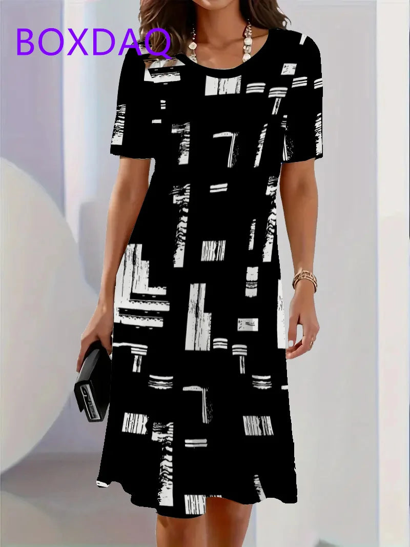 Geometric Stripe Printed Short Sleeve O-Neck Dress