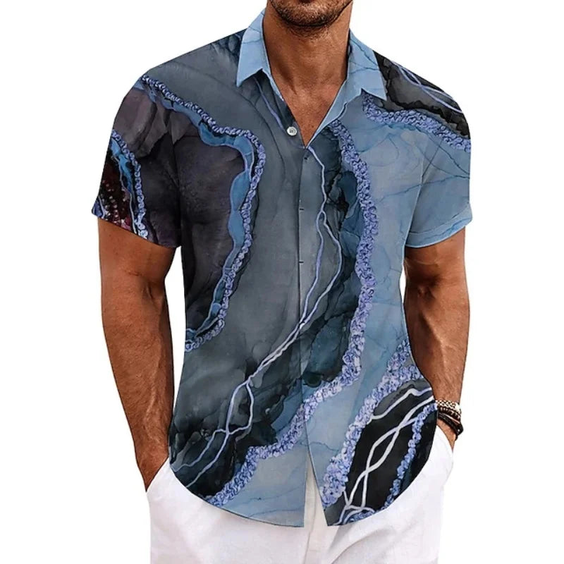 Men's Summer Patchwork Printed Button  Sleeve Shirt Tropical Vacation