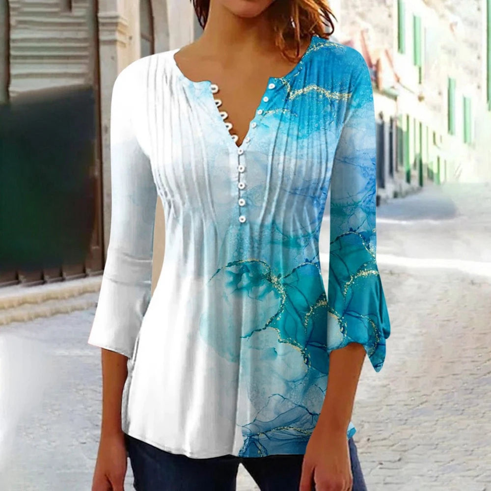 Summer Street Fashion Button-Down Comfortable Seven-Quarter Sleeve Top