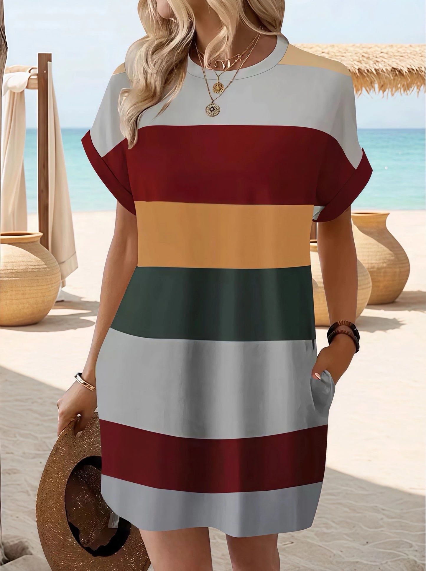 Elegant Stripes, Roll-Up Sleeves, Pockets - Comfortable & Casual Women's Dress