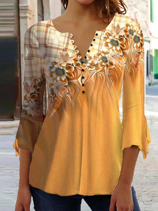 Summer Street Fashion Button-Down Comfortable Seven-Quarter Sleeve Top