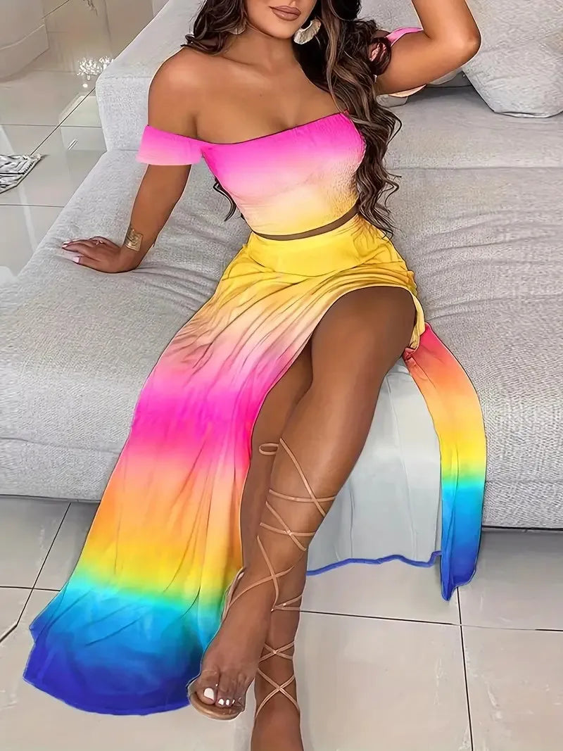 Bohemian Two-piece Set Women's Off-shoulder Elastic Solid Color Vest With feather Print High Waist Slit Skirt Set
