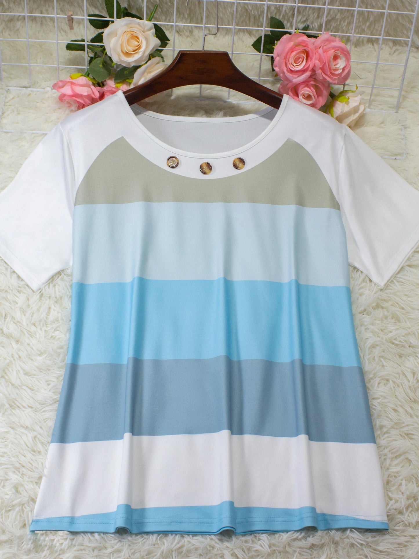Women's Round Neck T-Shirt - Elegant Striped Print & Button Detail Short Sleeve Top