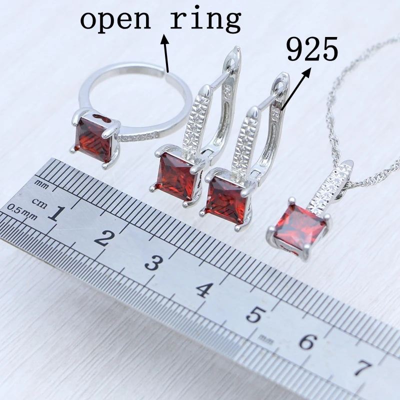 Woman Earrings Ring Pendant Necklace silver Jewelry Square Garnet Red Stone 3Set