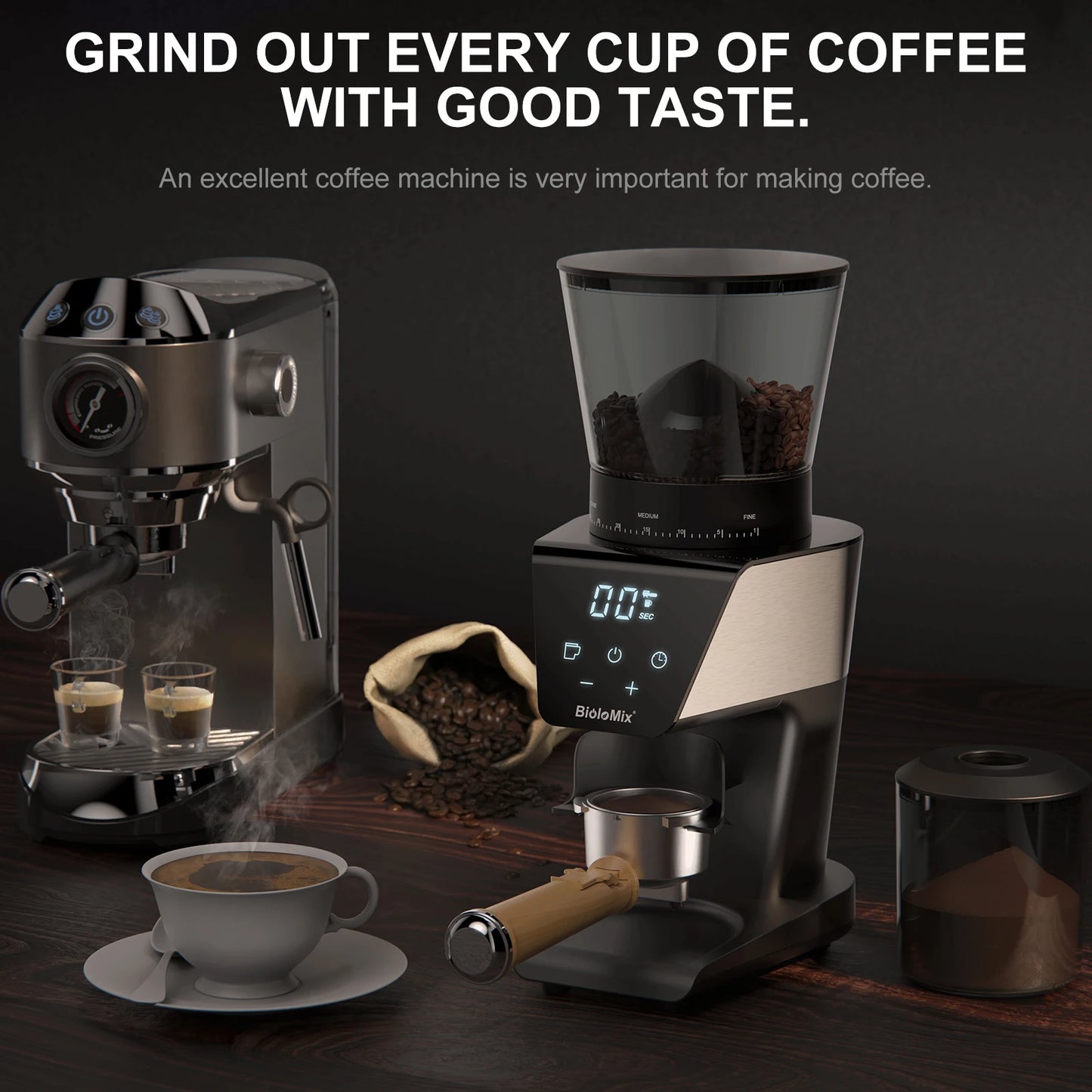BioloMix Electric Coffee Grinder with Magnetic Ring - 30 Precise Grind Settings for Espresso, American, and Pour Over Coffee, Au