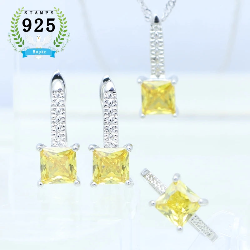 Sterling Silver Jewelry 3Set for Women Square Emerald Open Ring Earrings Pendant Necklace Free Gift Box