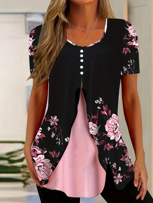 Top Women's Round Neck Short Sleeved Button Blouse