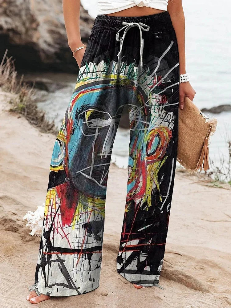 Relaxed-Fit Casual Pants 3D Floral Print Comfortable Breathable Fashionable Wide-Leg Pants