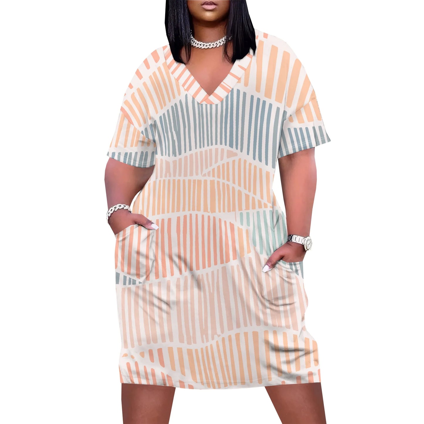 V Neck Short Sleeve with Front Two Pockets Solid Color Oversize Dress