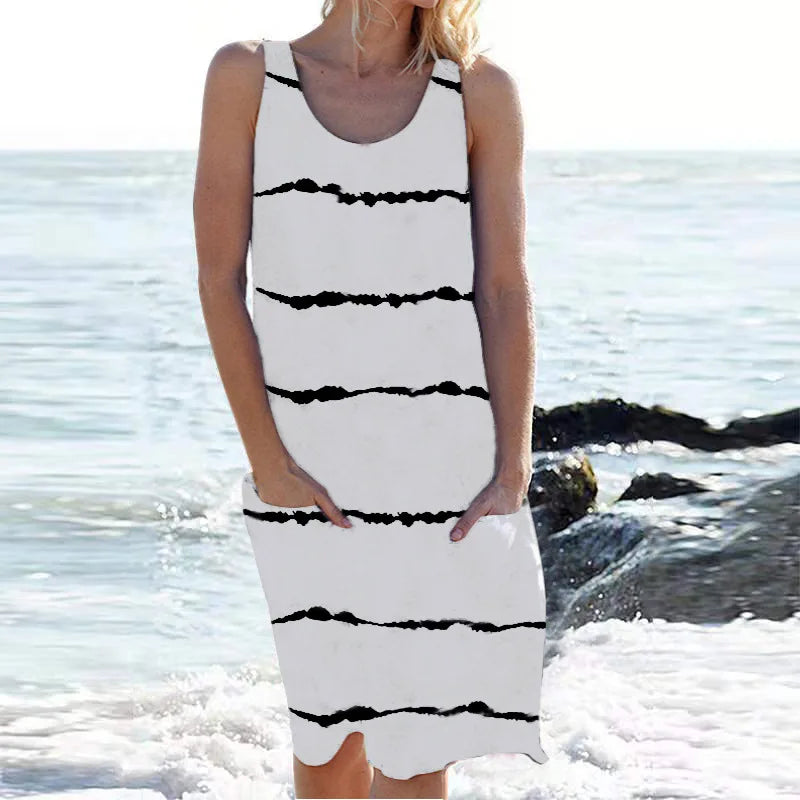 Stripe Print Pocket Sleeveless Knee Vacation And Party Dress