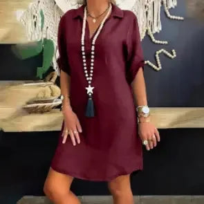 Blouse Dress Vintage Short Sleeve Loose Solid Mini Dress