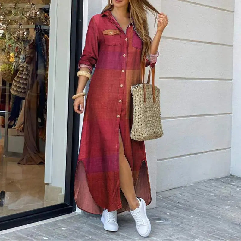 Long Sleeve  Pocket Button Print Shirts Dress