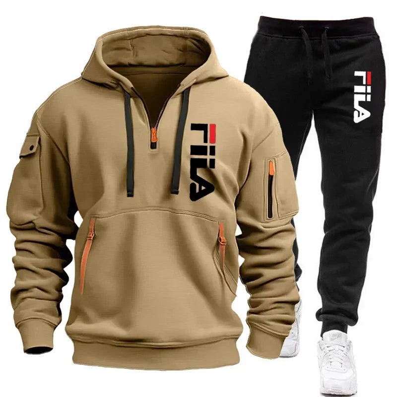 men hooded sweatshirt + Trouser, outdoor multi-pocket men's pullover sportswear set