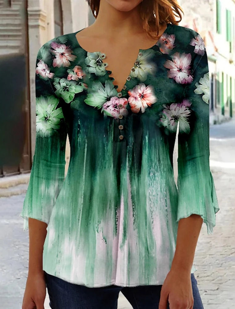 Summer Street Fashion Button-Down Comfortable Seven-Quarter Sleeve Top