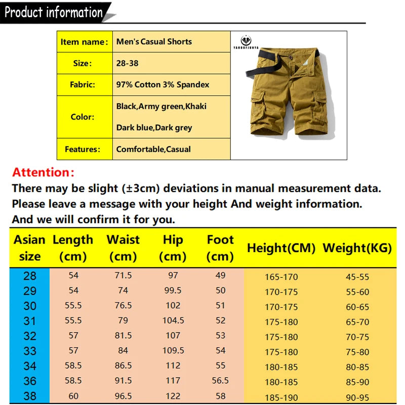 Men Summer Outdoor Leisure Buttons Cargo Style Shorts  Solid Straight Cotton Comfortable Fashion