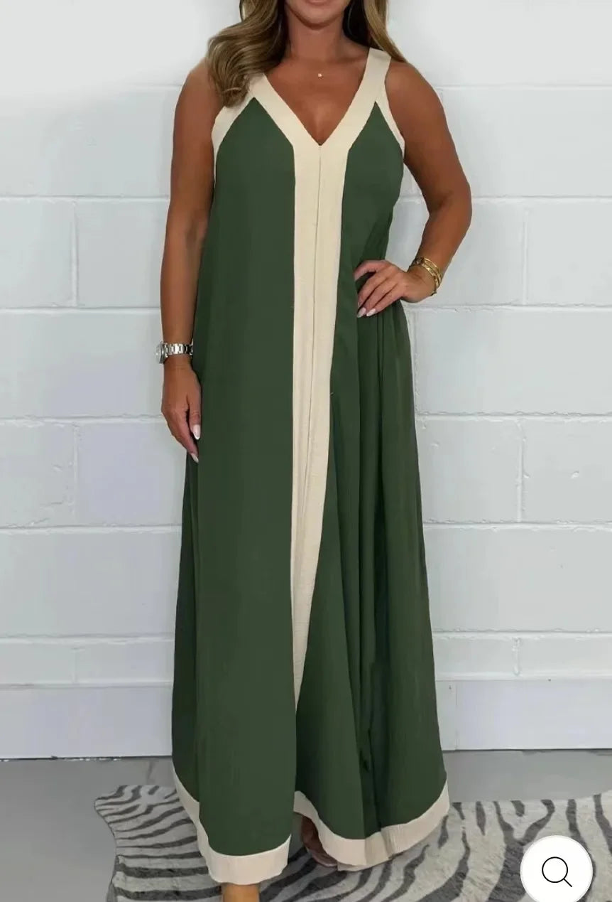 Sexy  V-Neck Color Blocking Tank Loose-Fit Waist Long Dress
