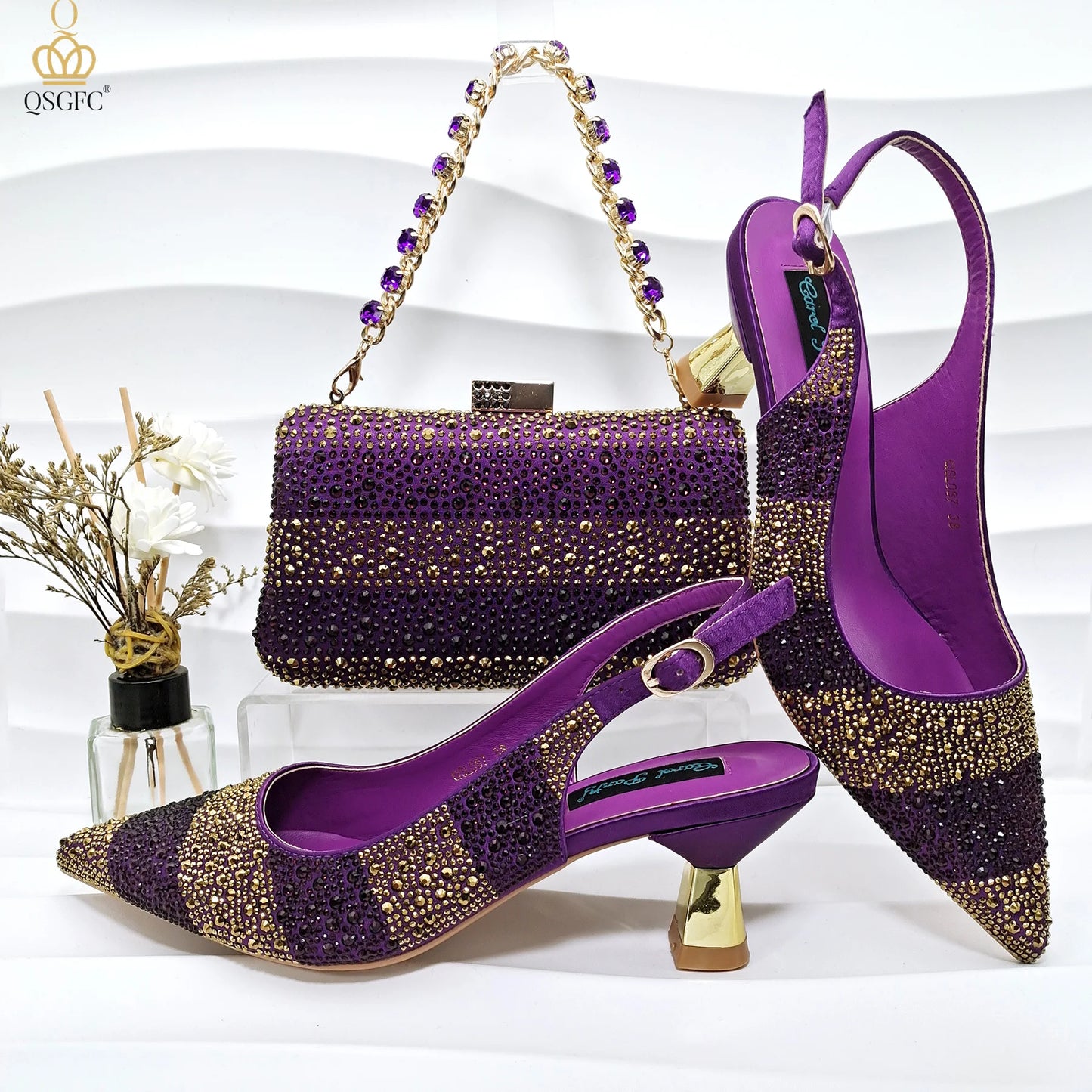 Italian Design Green Shoes And Bag Set Decorated with Rhinestone Handbag Wedding Party