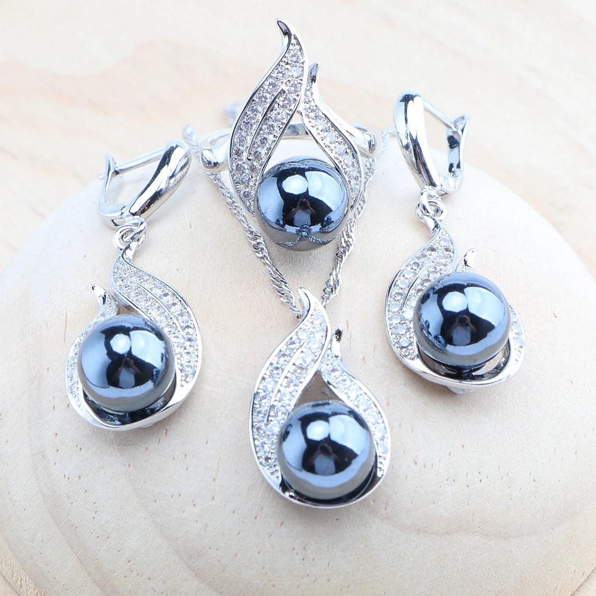 Silver Black Pearl Jewelry Sets Bridal White Zircon Wedding  Rings Earrings Pendant Necklace Bracelets 4Set