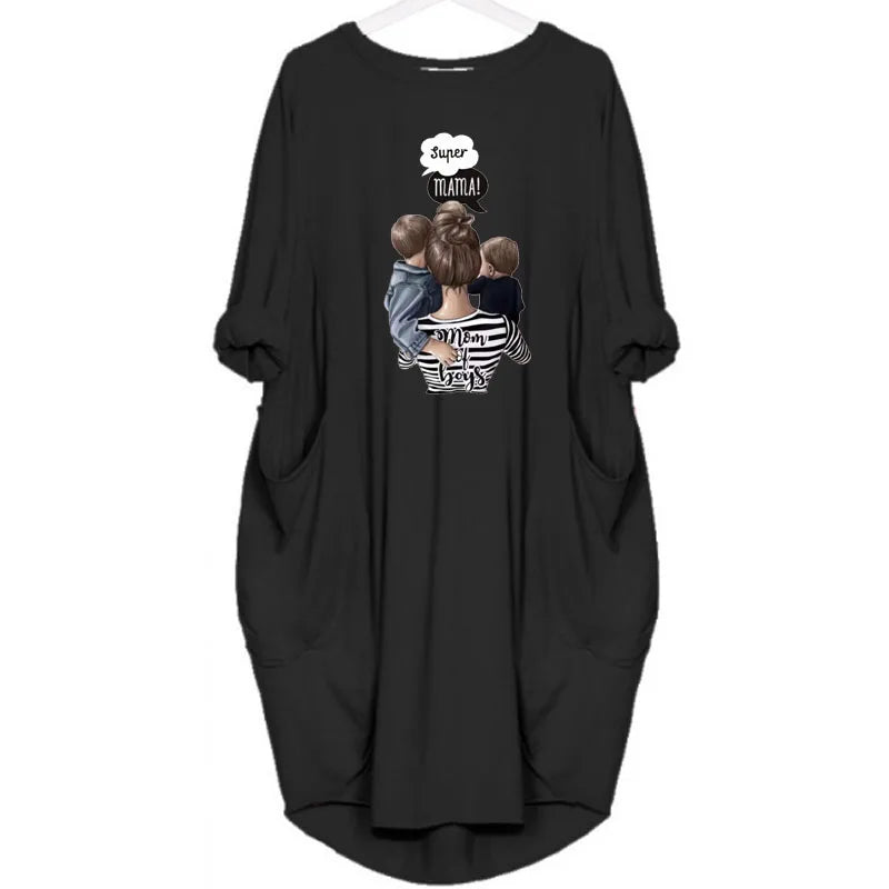 Plus Size Dress Autumn  Winter Casual Round Neck Solid Color Long Sleeve Pocket  Pullove Dress