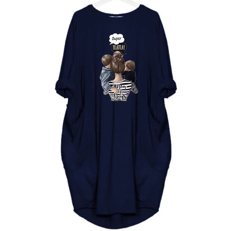 Plus Size Dress Autumn  Winter Casual Round Neck Solid Color Long Sleeve Pocket  Pullove Dress