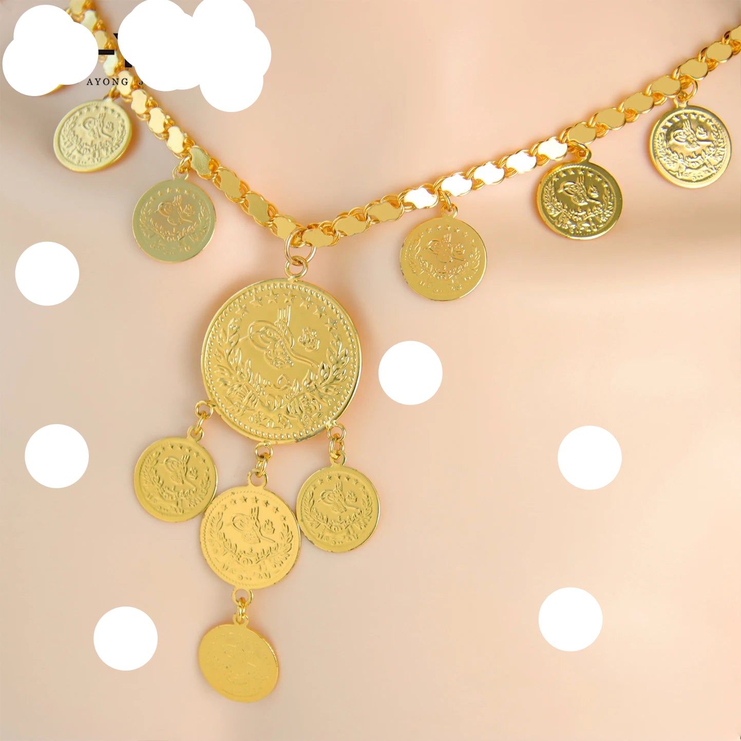 Luxury Dubai Wedding Long Necklace Coins Pendant 21k Gold Plated Jewelry