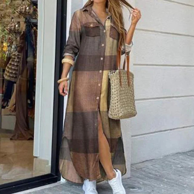 Long Sleeve  Pocket Button Print Shirts Dress