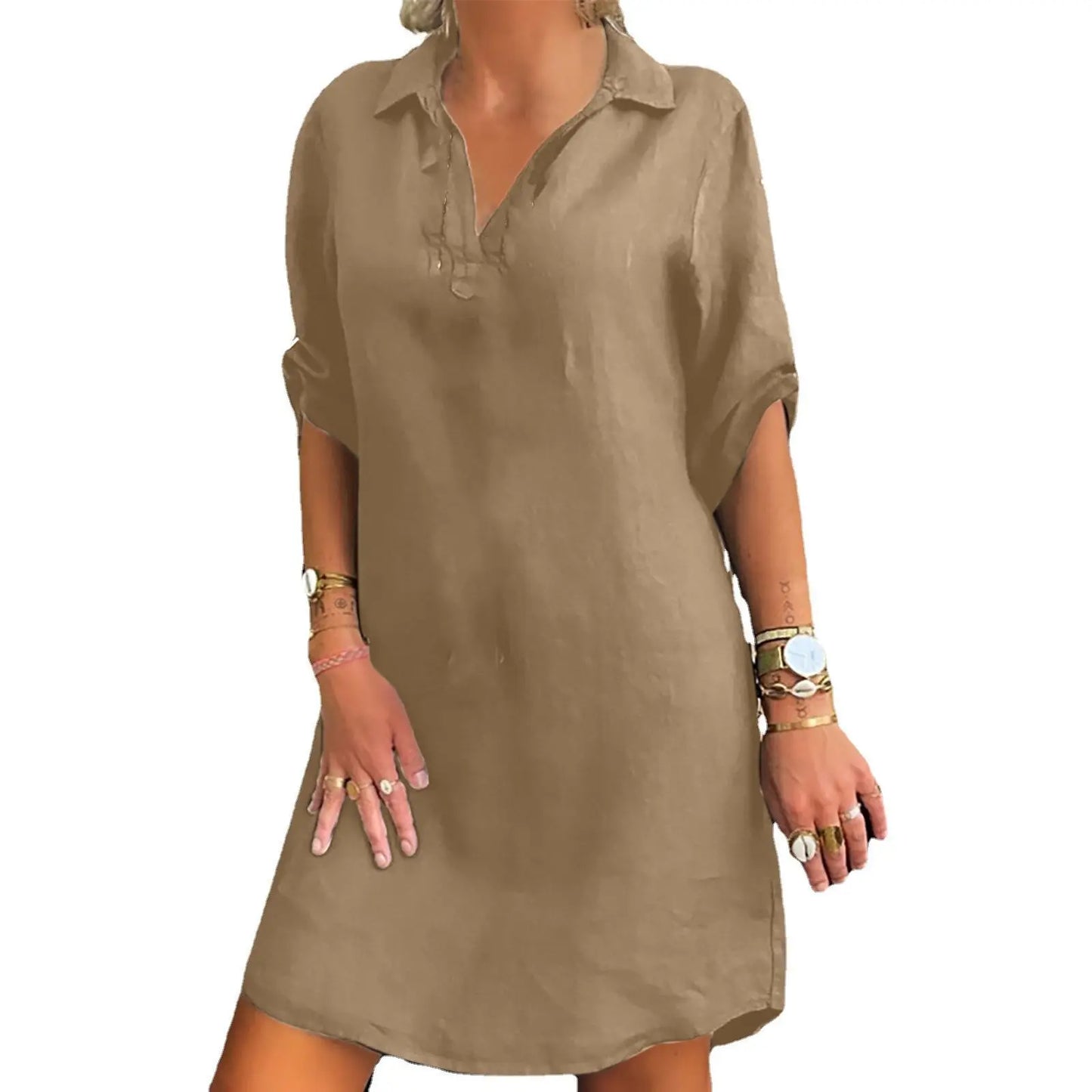 Blouse Dress Vintage Short Sleeve Loose Solid Mini Dress