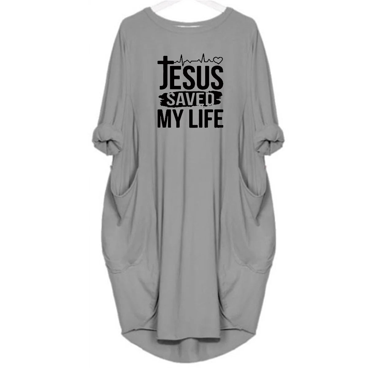 JESUS SAVED MYLIFE Print Round Neck Long Sleeve Pocket Comfortable Dress