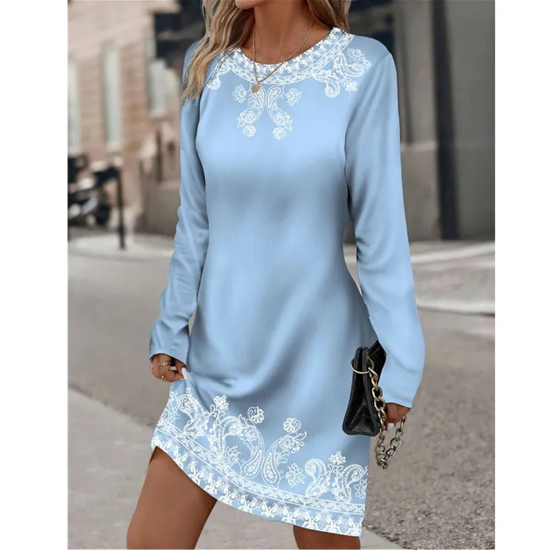Round Neck Long Sleeved Plant Flower Printed Dress Vintage Gradient