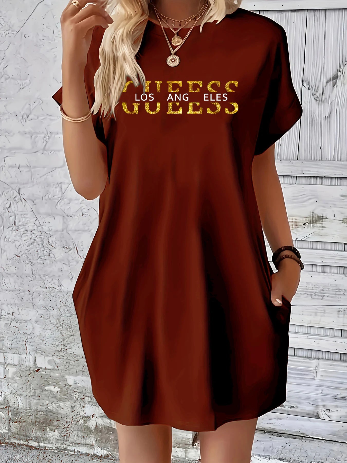 Gueess Los Angeles letter pattern print round neck short sleeved pocket comfortable Dress